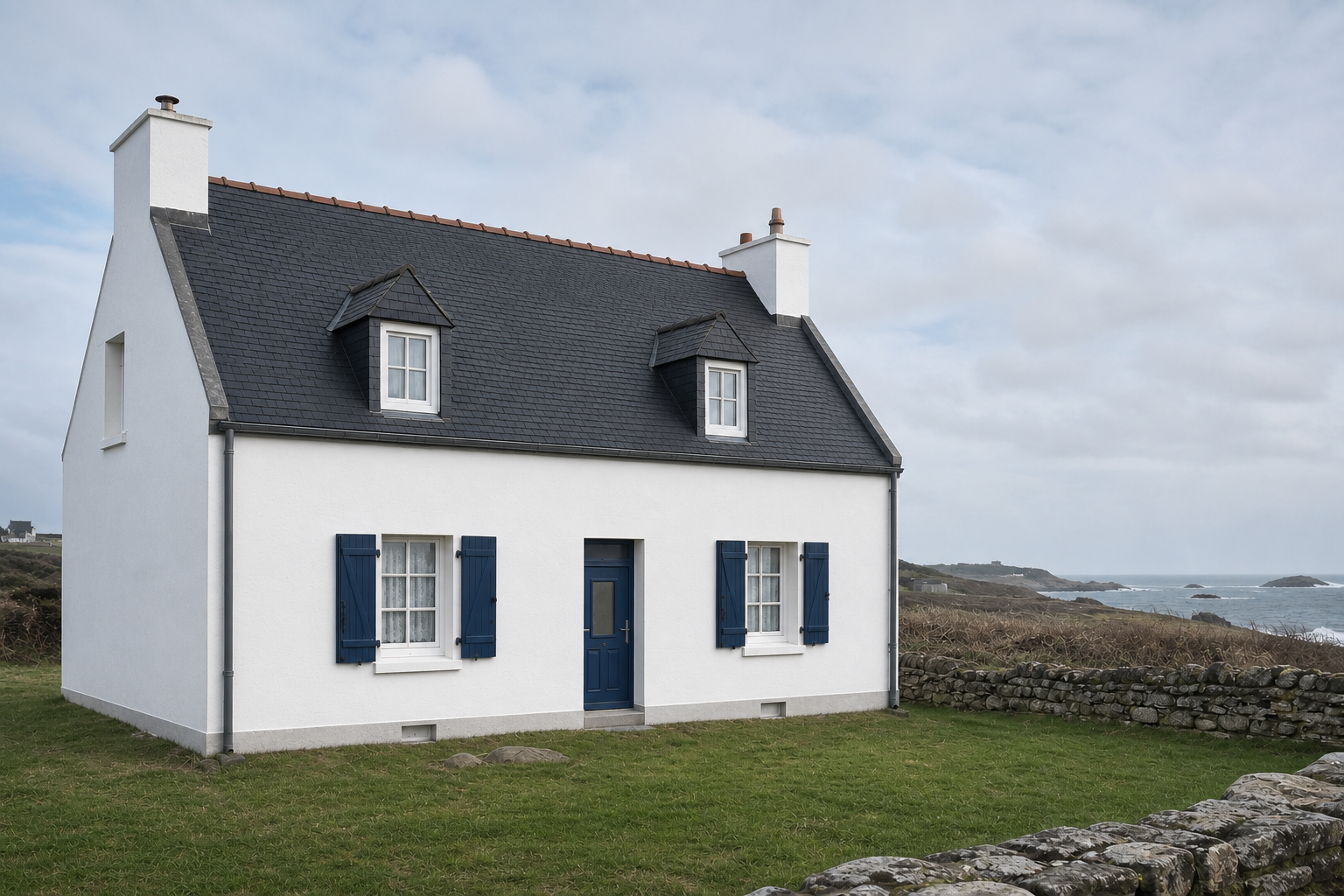 Après travaux de peinture et ravalement sur la même maison bretonne en bord de mer